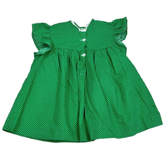 Vintage Handmade Girls Green Polka Dot Spring Dress Lace Trim Front Pockets - Picture 2 of 8